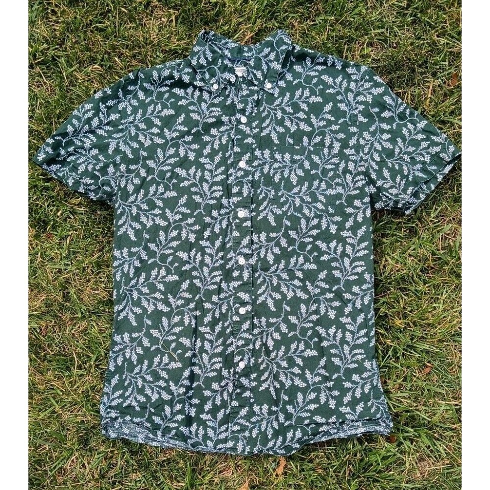 Green Botanical Print Button Up Shirt Cotton Short Sleeve M Resort Beach Vacay - Picture 1 of 11